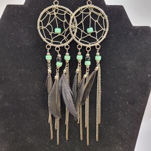 Handcrafted Dream Catcher Silver Tone Earrings Turquoise Bead Black Feather